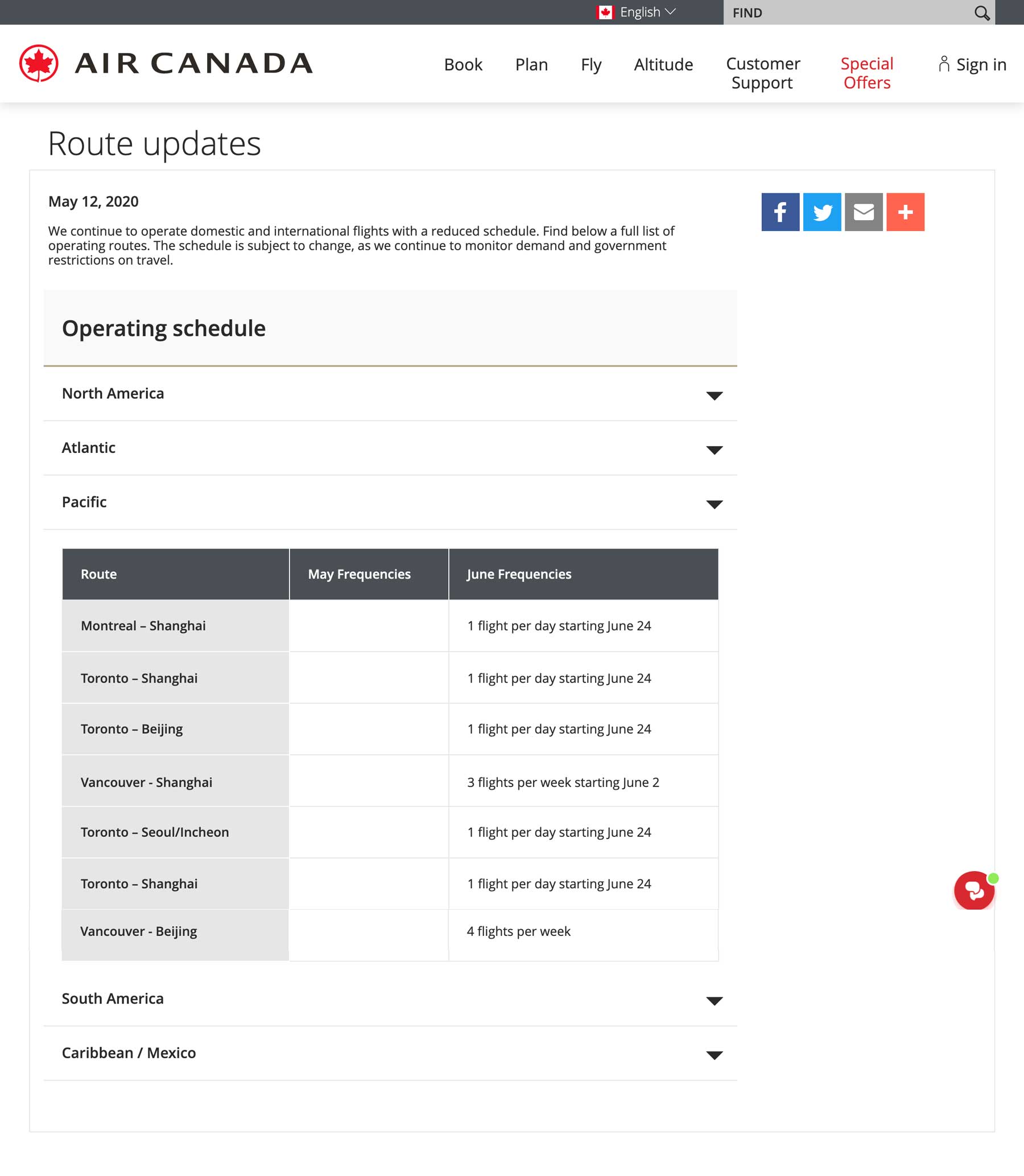加航六月计划恢复的中加航线